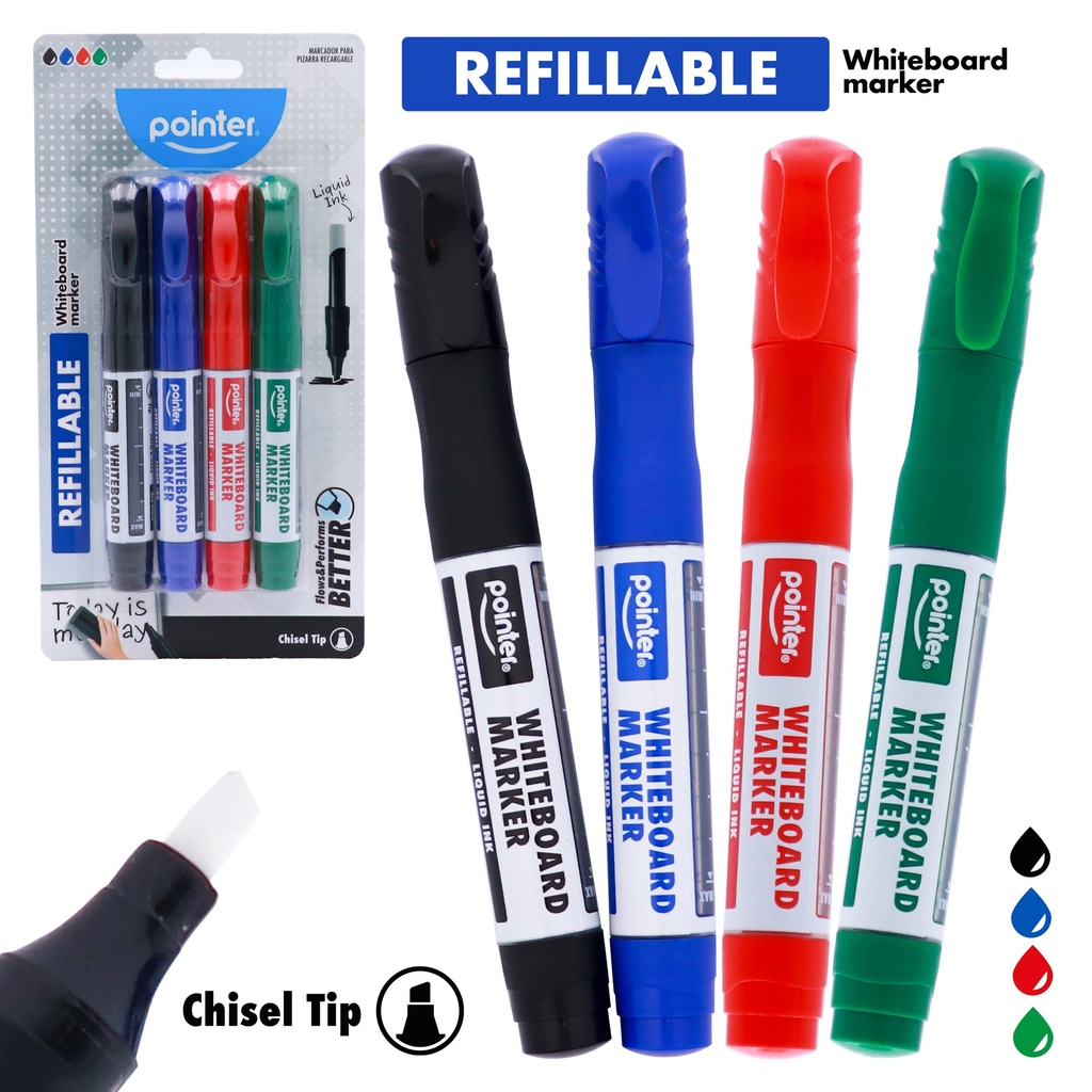 WHITEBOARD MARKERS, REFILLABLE, LIQUID INK, BLACK, BLUE,RED, AND GREEN COLOR, CHISEL TIP, SET OF 4 PIECES