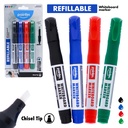 WHITEBOARD MARKERS, REFILLABLE, LIQUID INK, BLACK, BLUE,RED, AND GREEN COLOR, CHISEL TIP, SET OF 4 PIECES