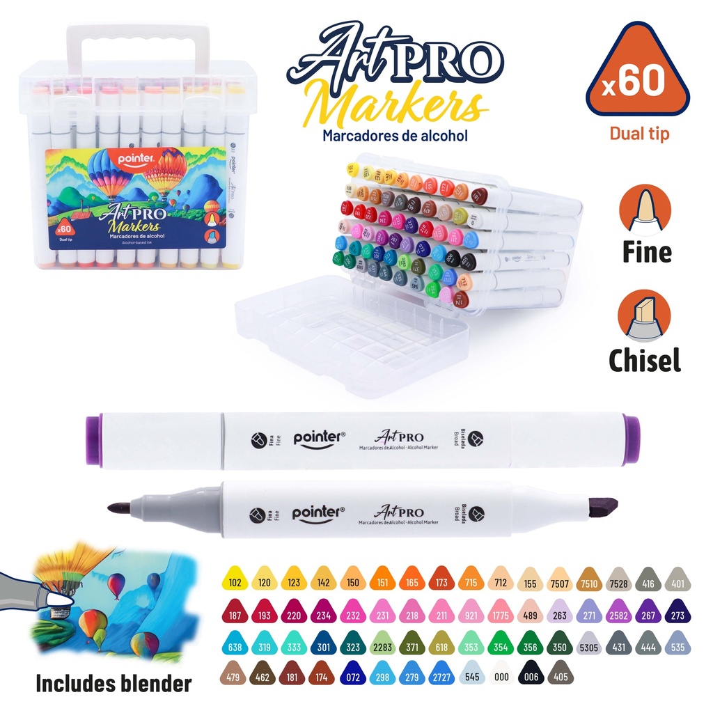 DUAL TIP ALCOHOL-BASED INK MARKERS WITH PLASTIC CASE, SET OF 60 COLORS 