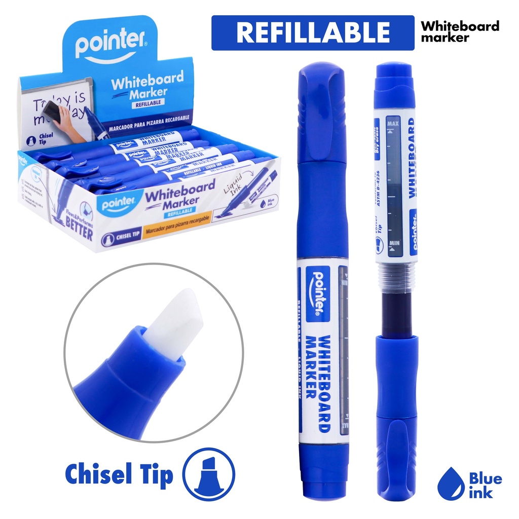 WHITEBOARD MARKERS, REFILLABLE, LIQUID BLUE INK, CHISEL TIP, BOX OF 12 PIECES