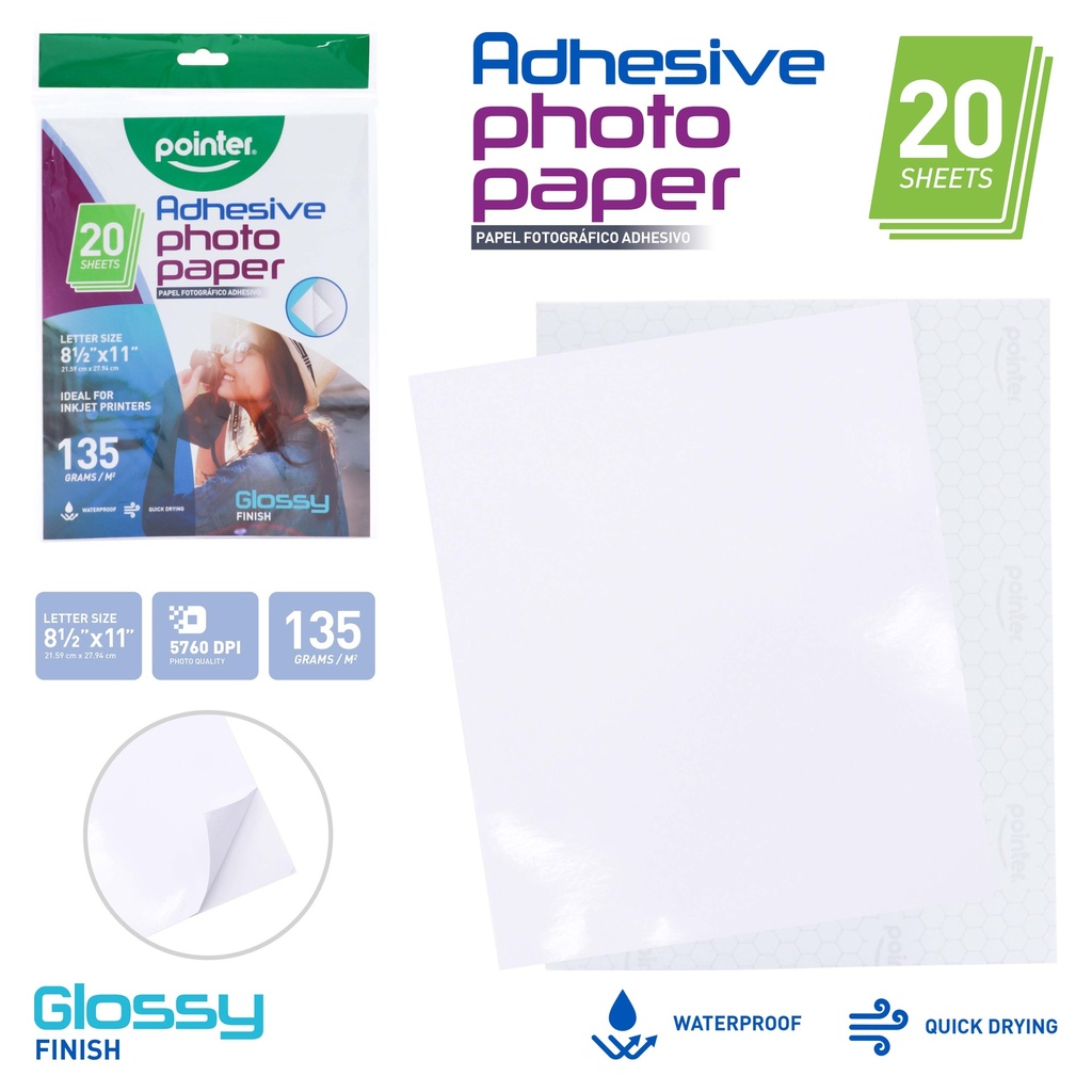 GLOSSY ADHESIVE PHOTO PAPER, 8.5X11",135GSM FOR INKJET PRINTERS SET OF 20  SHEETS