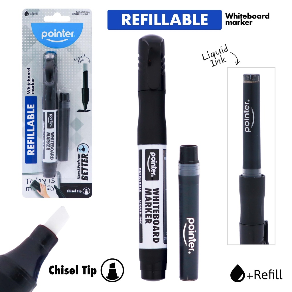 WHITEBOARD MARKERS, REFILLABLE, LIQUID BLACK INK, CHISEL TIP WITH 1 REFILL CARTRIDGE, SET OF 2 PIECES