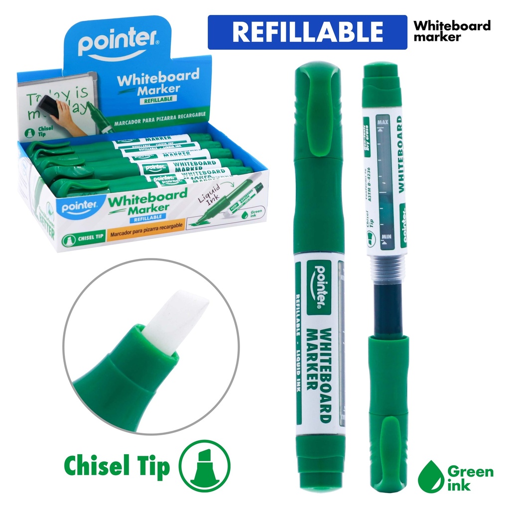 WHITEBOARD MARKERS, REFILLABLE, LIQUID GREEN INK, CHISEL TIP, BOX OF 12 PIECES