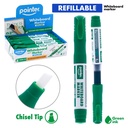 WHITEBOARD MARKERS, REFILLABLE, LIQUID GREEN INK, CHISEL TIP, BOX OF 12 PIECES