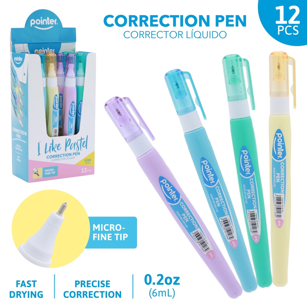 CORRECTION LIQUID PEN, FINE TIP, PASTEL COLORS, 9ML, BOX OF 12 PIECES