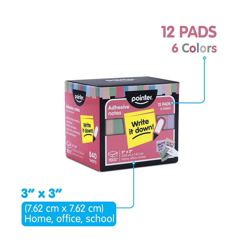 STICKY NOTES, 3X3", 6 MORANDI COLORS, SET OF 12 PADS, 840 SHEETS 