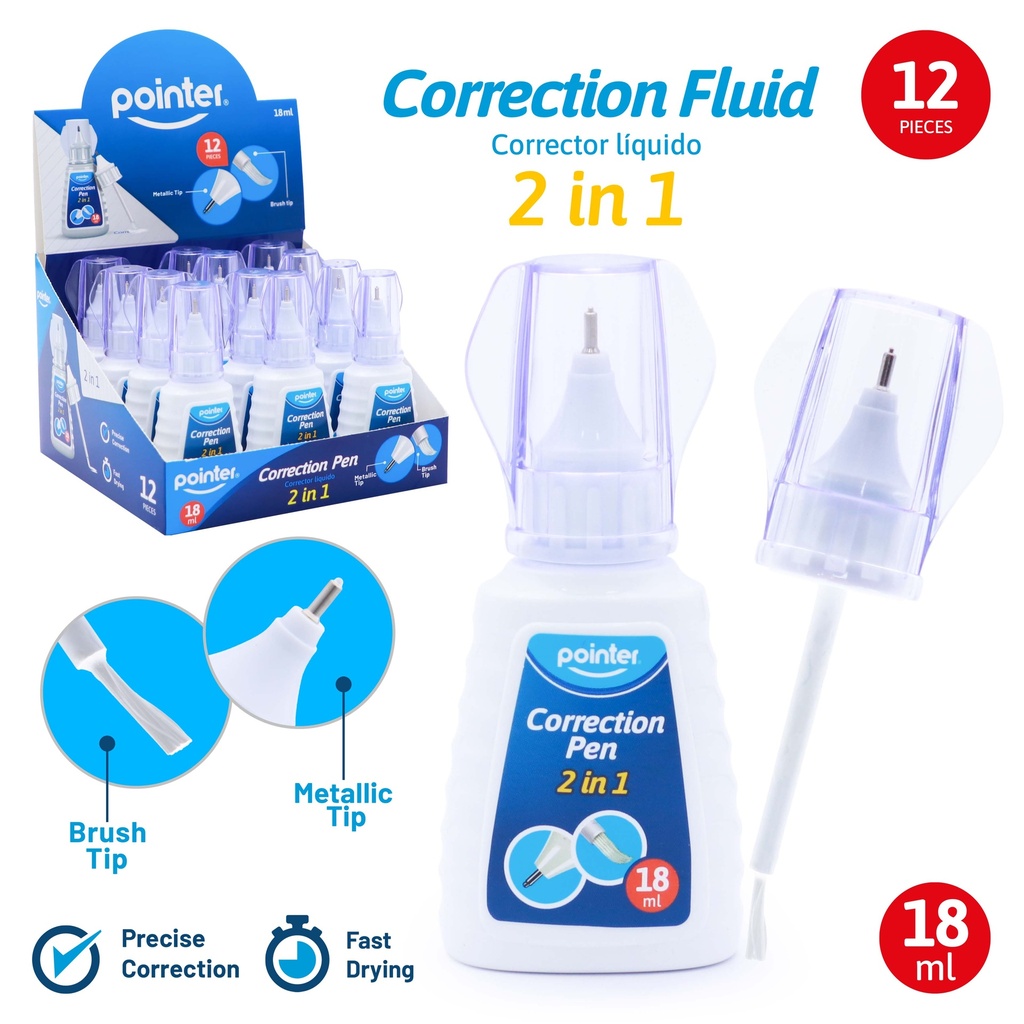 CORRECTION LIQUID PEN, FINE TIP, 2-IN-1 WITH BRUSH , BOX OF 12 PIECES