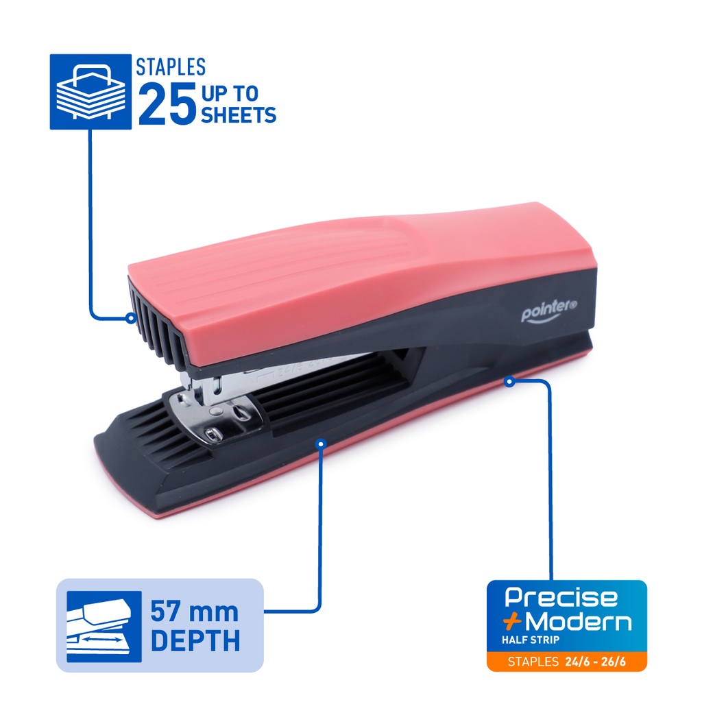 STAPLER SET, COLORS, PLASTIC, HALF STRIP, 25 SHEETS, 3 PIECES 