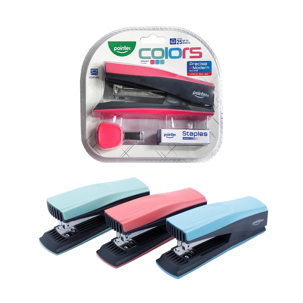 STAPLER SET, COLORS, PLASTIC, HALF STRIP, 25 SHEETS, 3 PIECES 