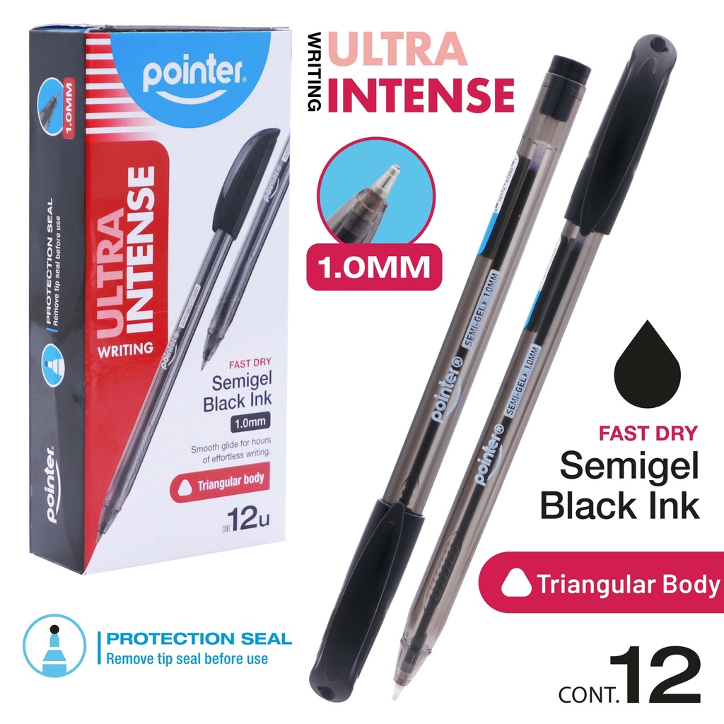 PENS,ULTRA INTENSE, SEMI-GEL INK, BALLPOINT, BLACK COLOR, 1.0 MM, TRIANGULAR BODY, , BOX OF 12 PIECES