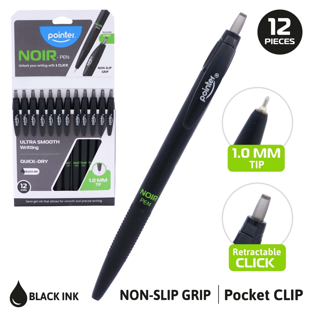 PENS, NOIR, SEMI-GEL,RETRACTABLE , BLACK COLOR, 1.0 MM, BOX OF 12 PIECES