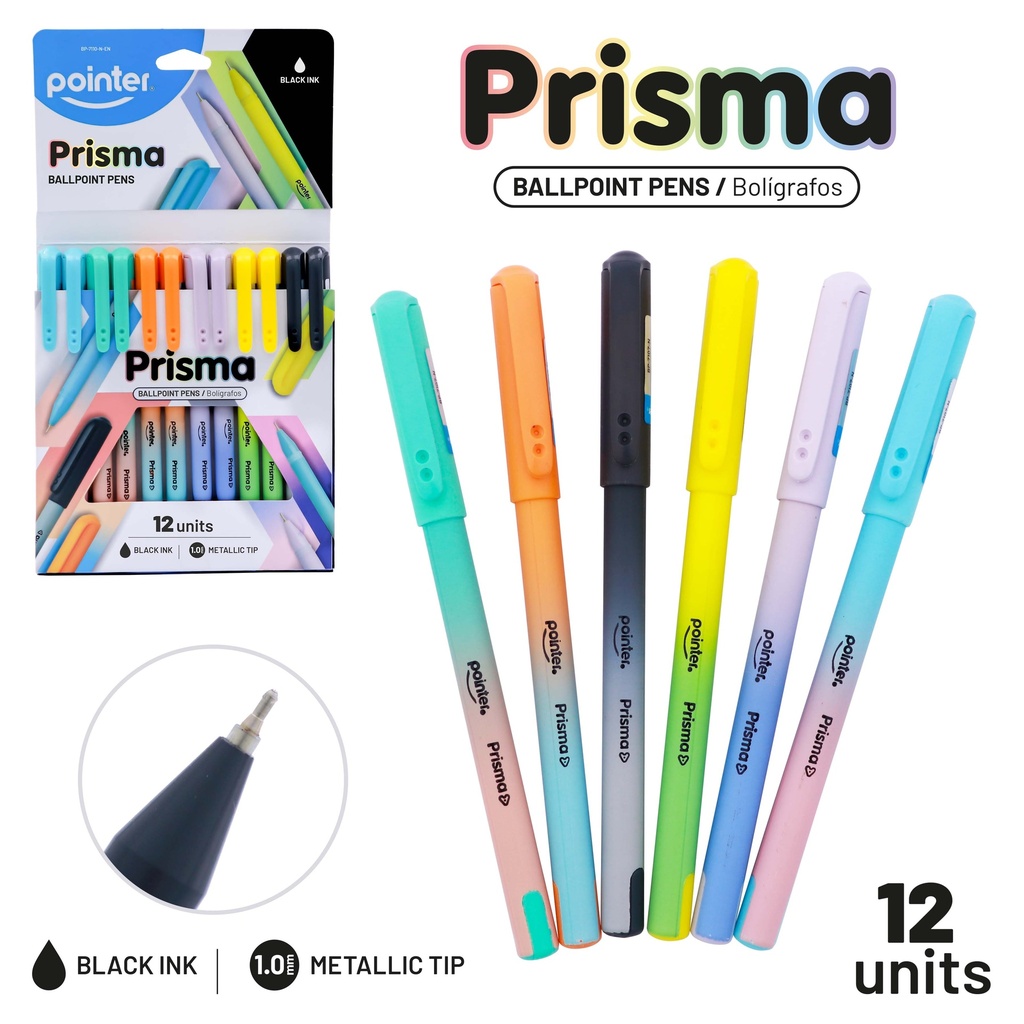 PENS, PRISMA, BALLPOINT, BLACK COLOR, 1.0 MM, BOX OF 12 PIECES
