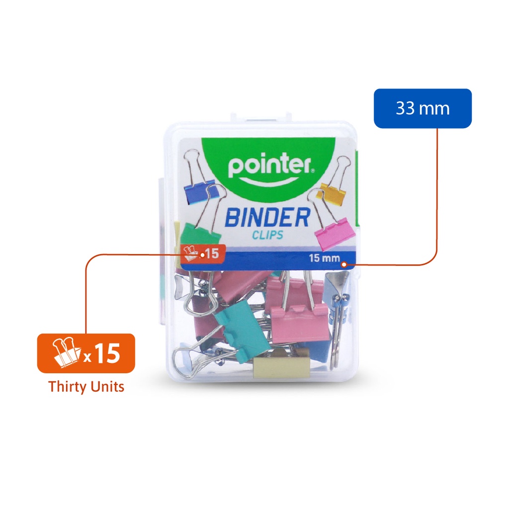 BINDER CLIPS, PASTEL-COLORED, 15MM 5/8", PLASTIC BOX OF 15 PIECES