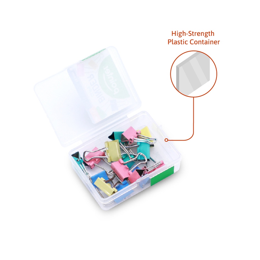 BINDER CLIPS, PASTEL-COLORED, 15MM 5/8", PLASTIC BOX OF 15 PIECES