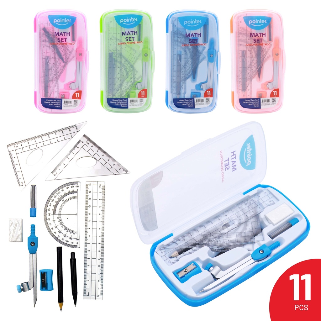 GEOMETRY MATH SET, PLASTIC CASE, SET OF 11 PIECES