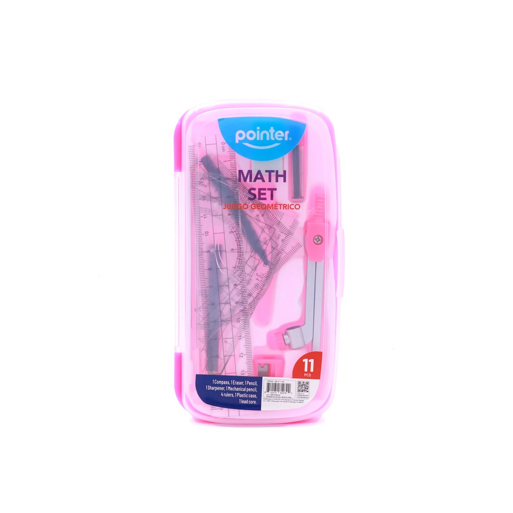GEOMETRY MATH SET, PLASTIC CASE, SET OF 11 PIECES