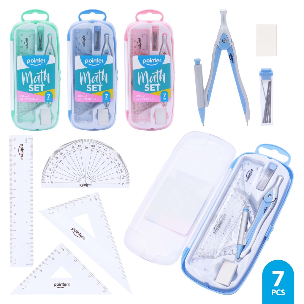 GEOMETRY MATH SET , PASTEL COLORS, PLASTIC CASE, SET OF 7 PIECES