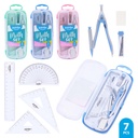GEOMETRY MATH SET , PASTEL COLORS, PLASTIC CASE, SET OF 7 PIECES