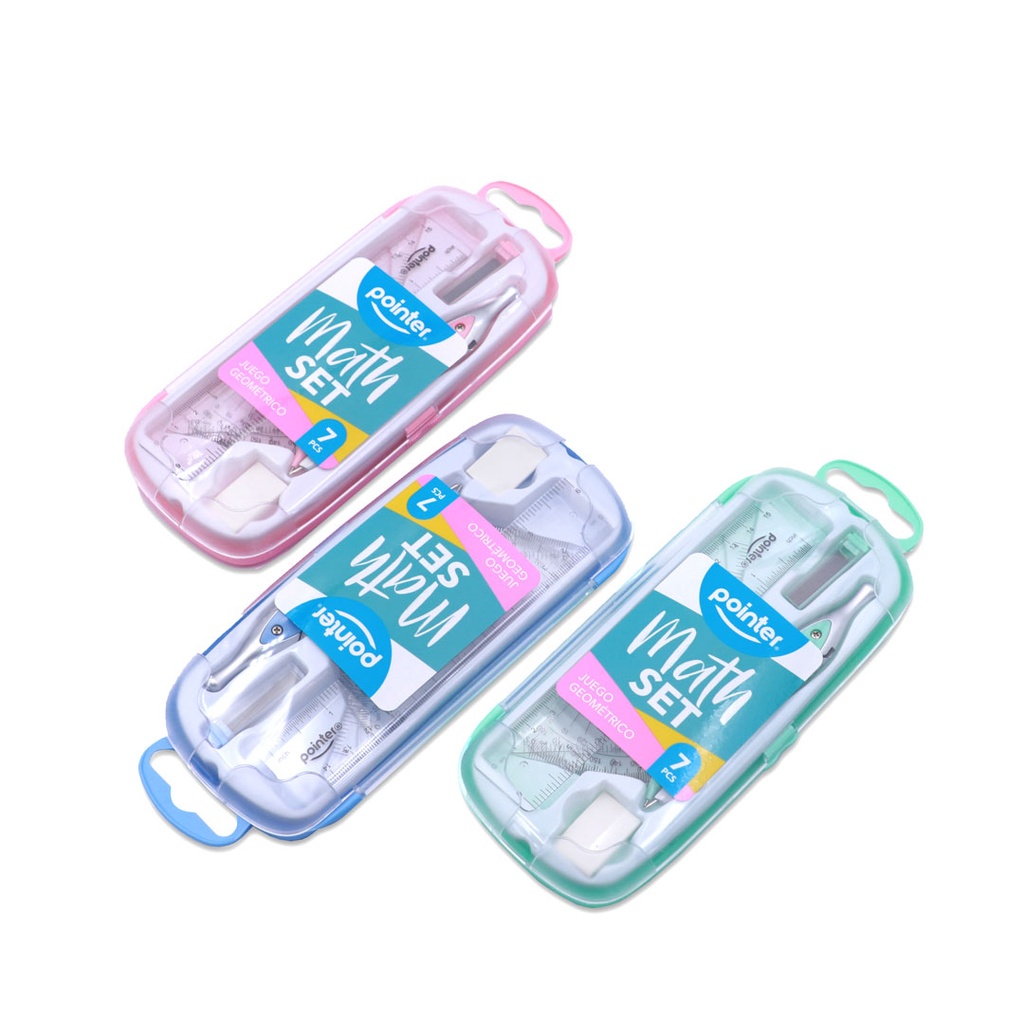 GEOMETRY MATH SET , PASTEL COLORS, PLASTIC CASE, SET OF 7 PIECES