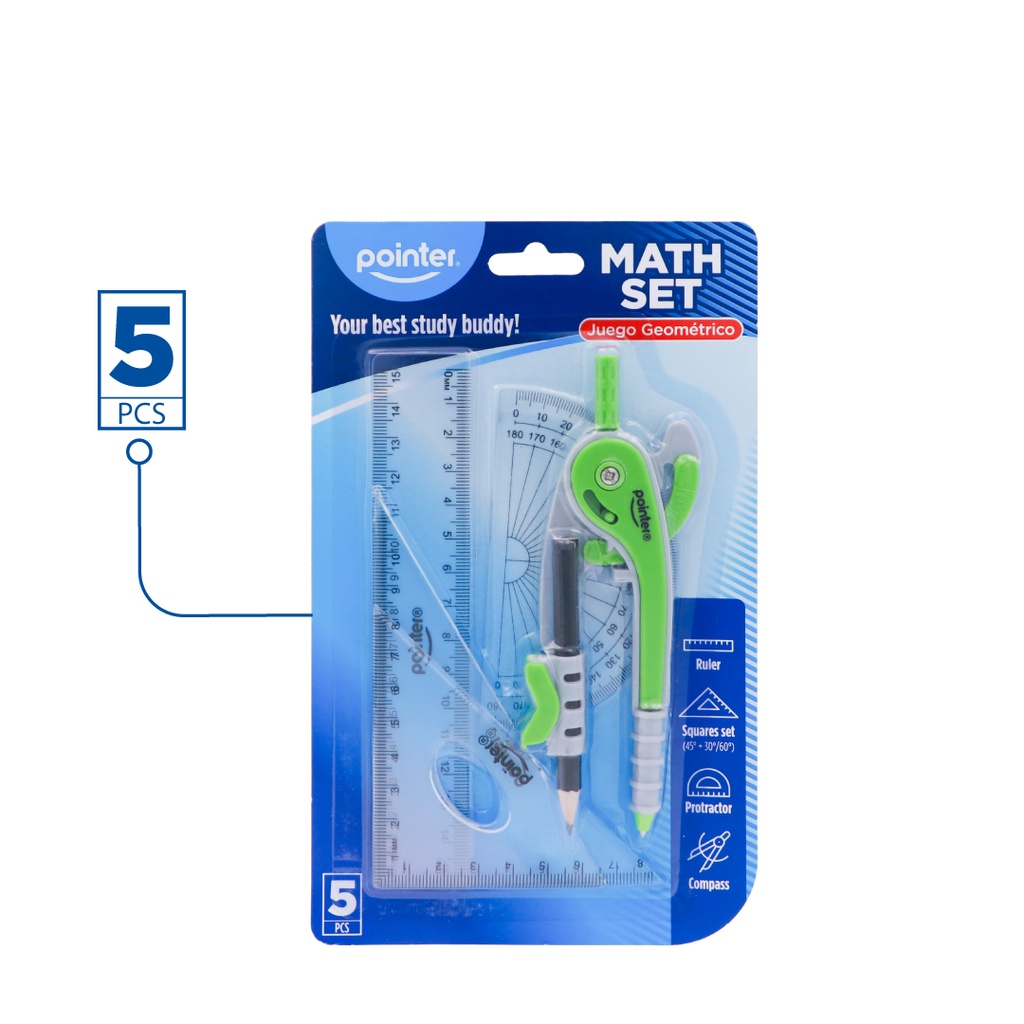 GEOMETRY MATH SET, IN BLISTER, SET OF 5 PIECES