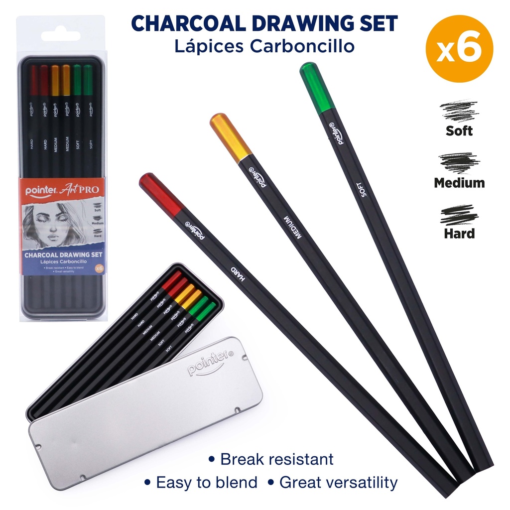CHARCOAL PENCILS, SOFT, MEDIUM, AND HARD, SET OF  6 PIECES