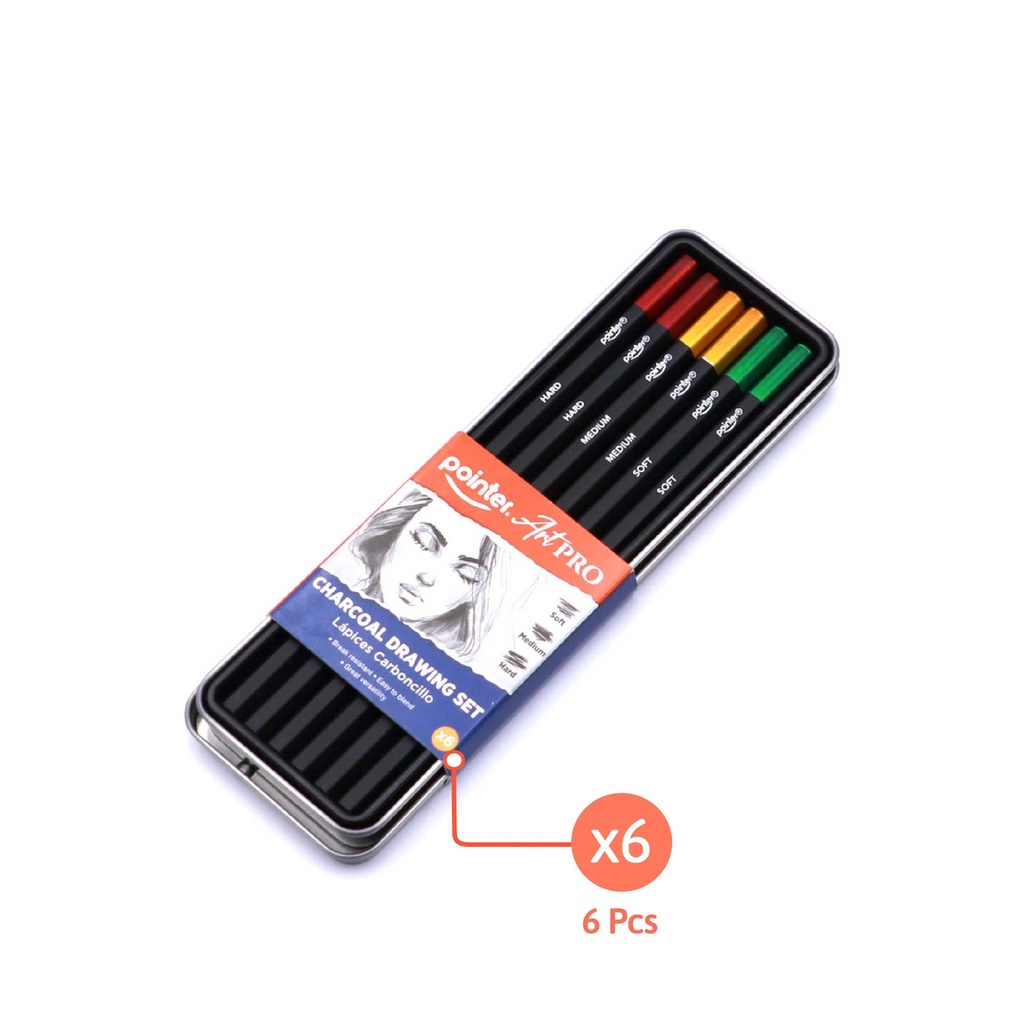 CHARCOAL PENCILS, SOFT, MEDIUM, AND HARD, SET OF  6 PIECES
