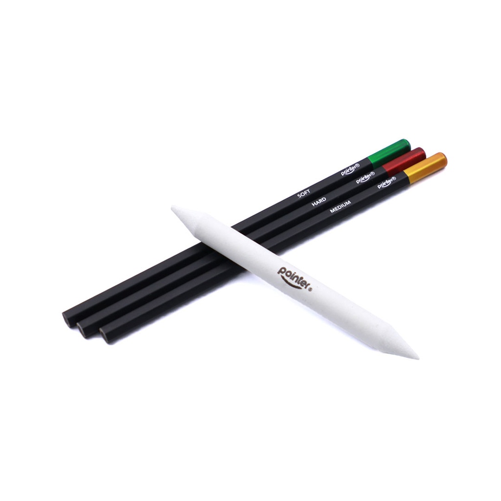 CHARCOAL PENCILS, SOFT, MEDIUM, AND HARD WITH BLENDING STUMP, SET OF 4 PIECES