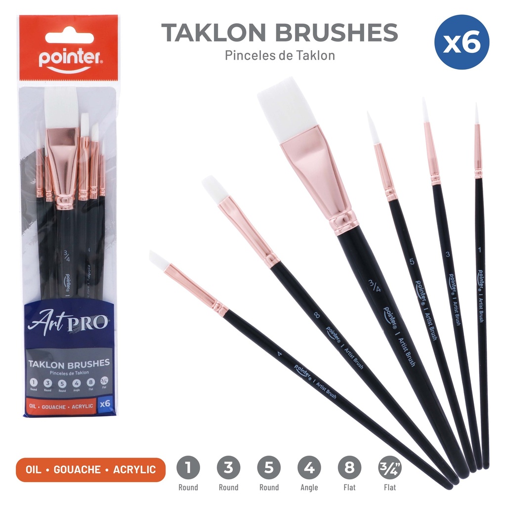 PAINTBRUSHES, TAKLON BRISTLE , BLACK HANDLE , SET OF 6 PIECES