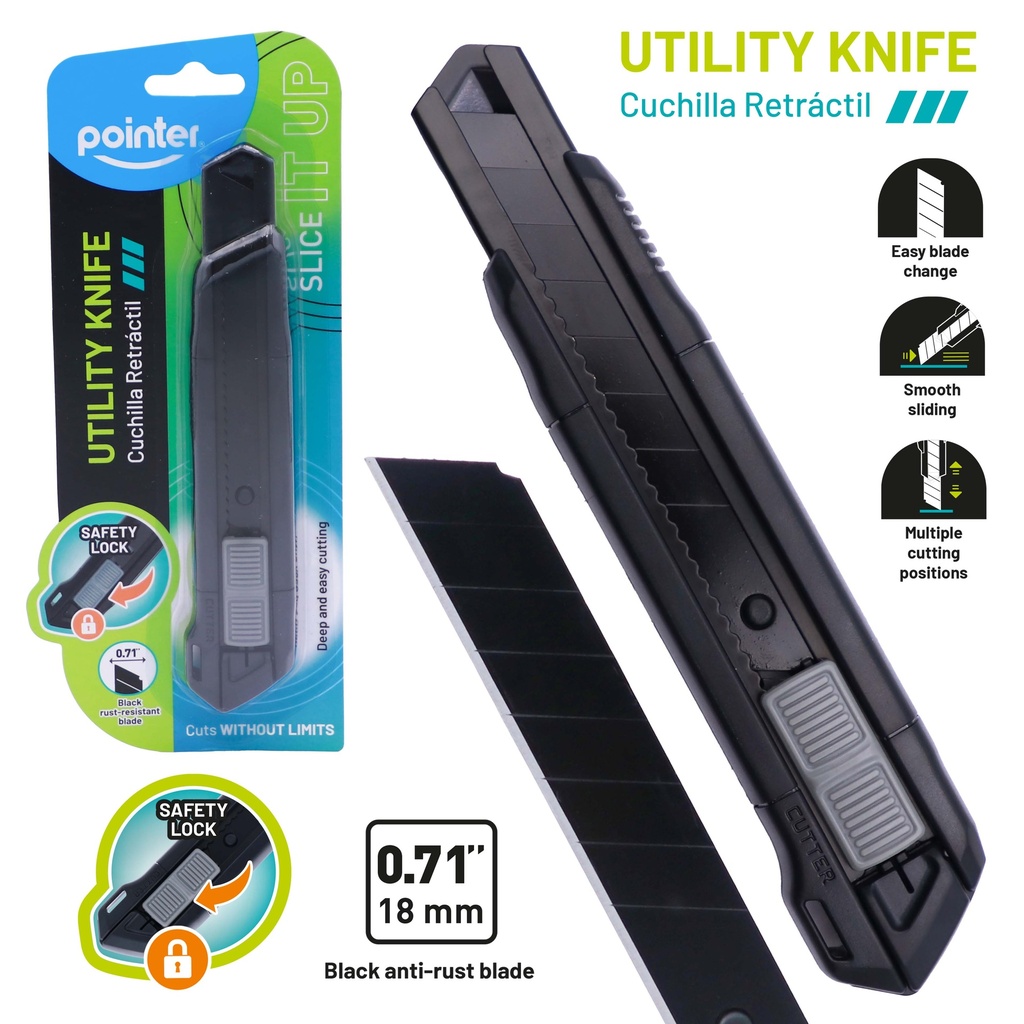 UTILITY KNIFE, BLACK BODY, 18MM ,1 PIECE