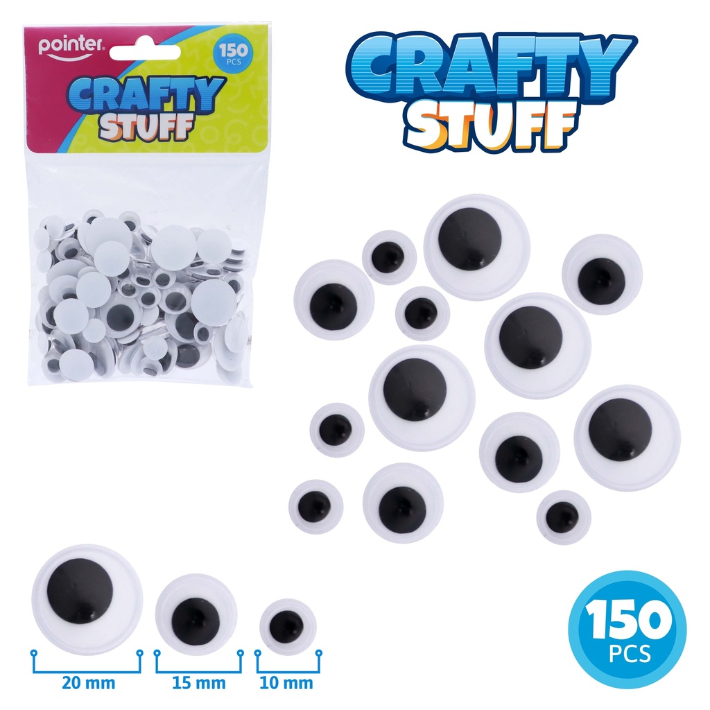 GOOGLY EYES WIGGLY, BLACK AND WHITE, ASSORTED SIZES, SET OF 150 PIECES 
