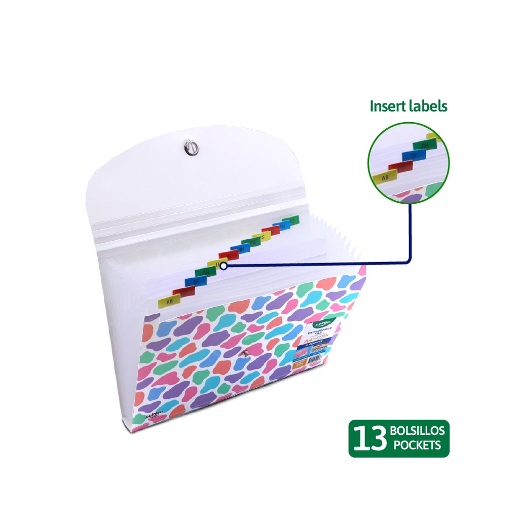 EXPANDING ORGANIZER FILE FOLDER A4, 13 POCKETS WITH DECORATIVE LOWER COVER AND ELASTIC BAND CLOSURE, 1 PIECE