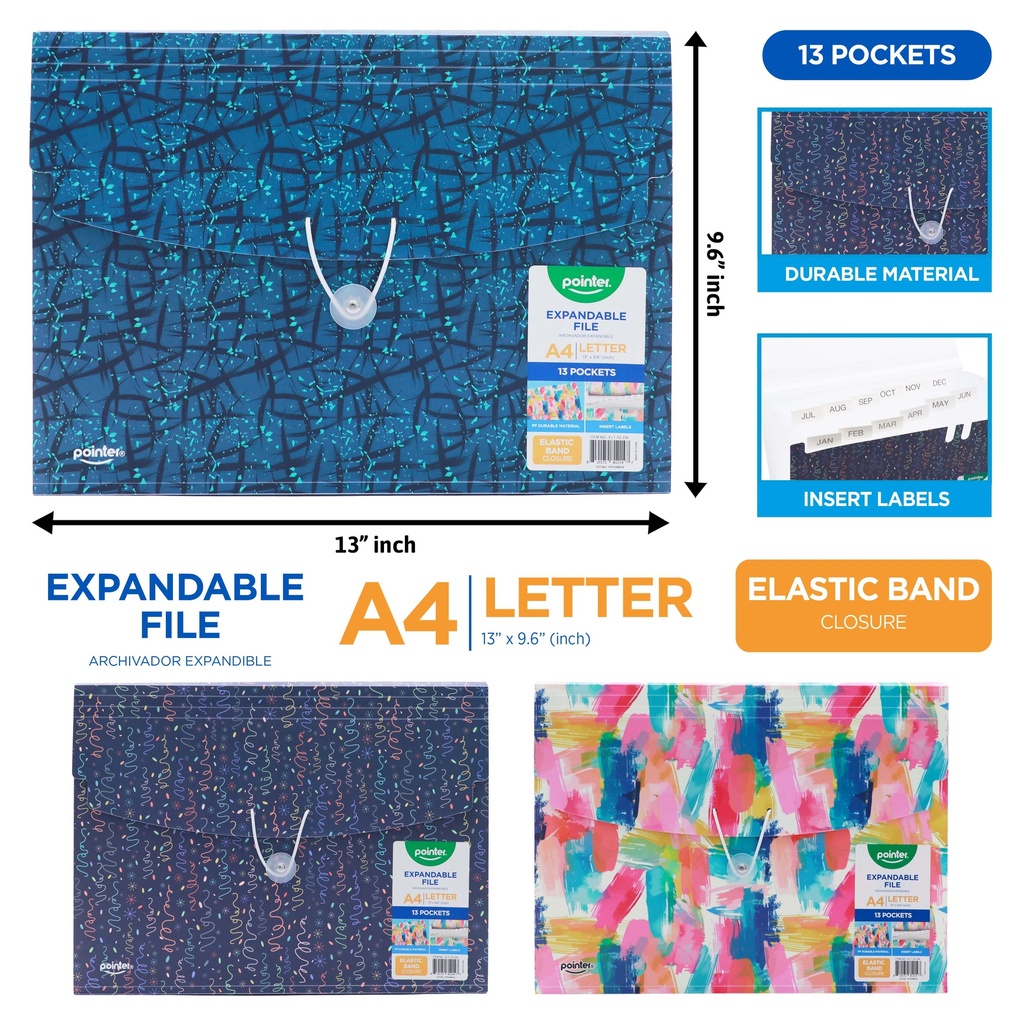 EXPANDING ORGANIZER FILE FOLDER A4, 13 POCKETS WITH DECORATIVE UPPER/LOWER COVER AND ELASTIC BAND CLOSURE, 1 PIECE