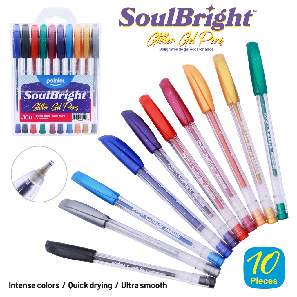 PENS, SOULBRIGHT, GLITTER GEL, BALLPOINT, SET OF 10 COLORS PIECES