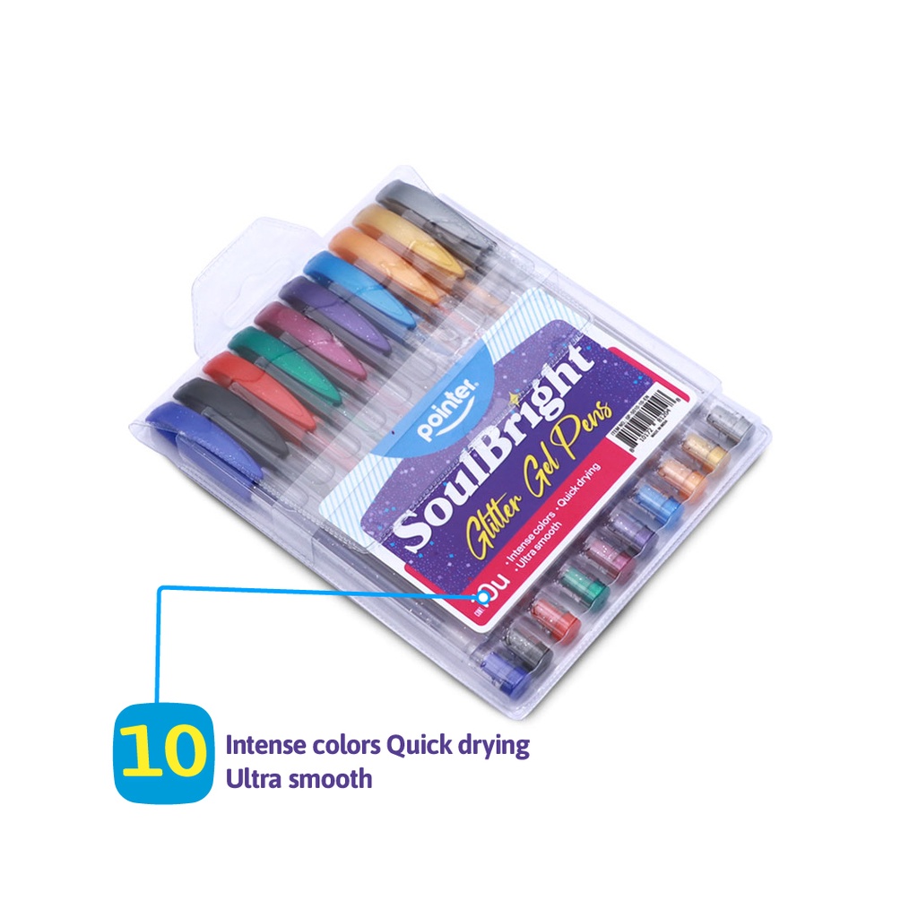 PENS, SOULBRIGHT, GLITTER GEL, BALLPOINT, SET OF 10 COLORS PIECES
