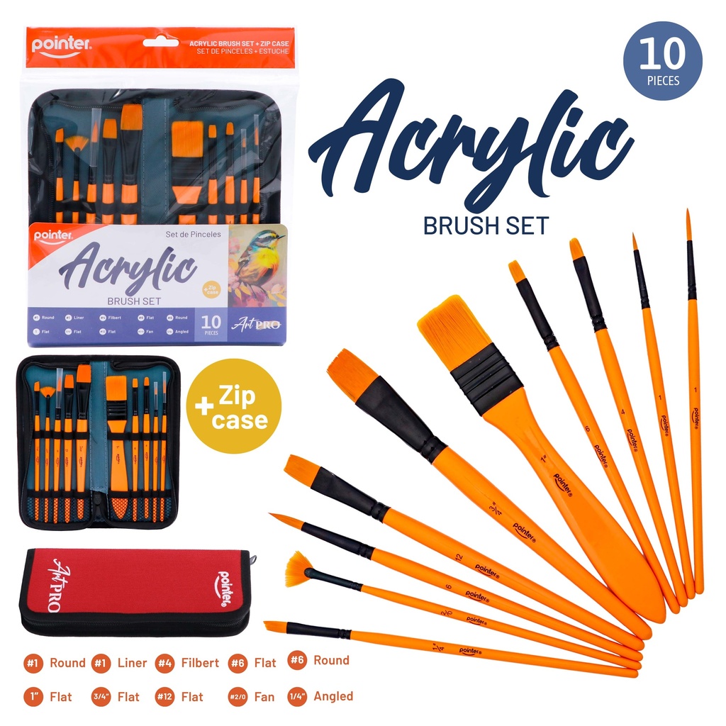 PAINTBRUSHES, TAKLON BRISTLE ACRYLIC, WITH ZIP CASE , SET OF 10 PIECES