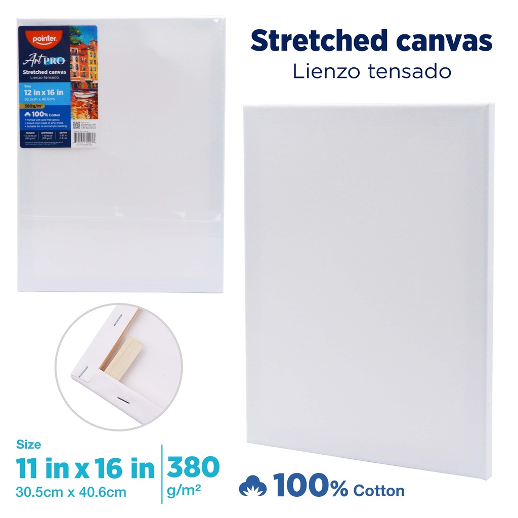 CANVAS, STRETCHED, 12X16", 100% COTTON, 380 G/M²,  1 PIECE