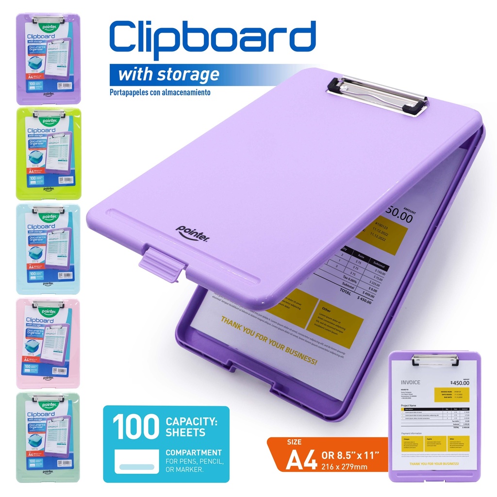 CLIPBOARD, A4 LETTER SIZE, WITH STORAGE, COLORS, 100 SHEET CAPACITY, 1 PIECE