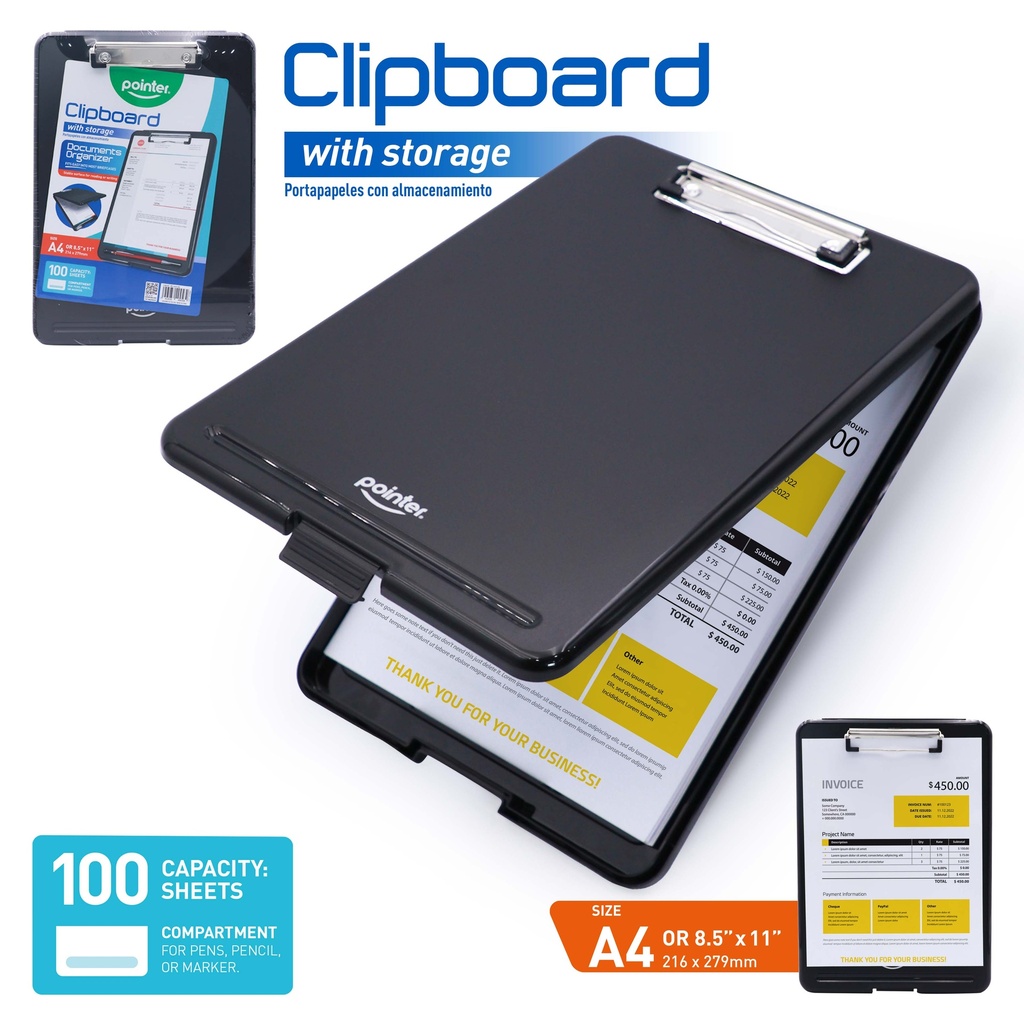 CLIPBOARD, A4 LETTER SIZE, WITH STORAGE, BLACK, 100 SHEET CAPACITY, 1 PIECE