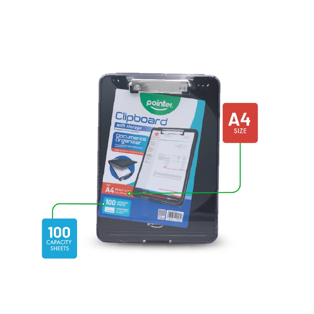 CLIPBOARD, A4 LETTER SIZE, WITH STORAGE, BLACK, 100 SHEET CAPACITY, 1 PIECE