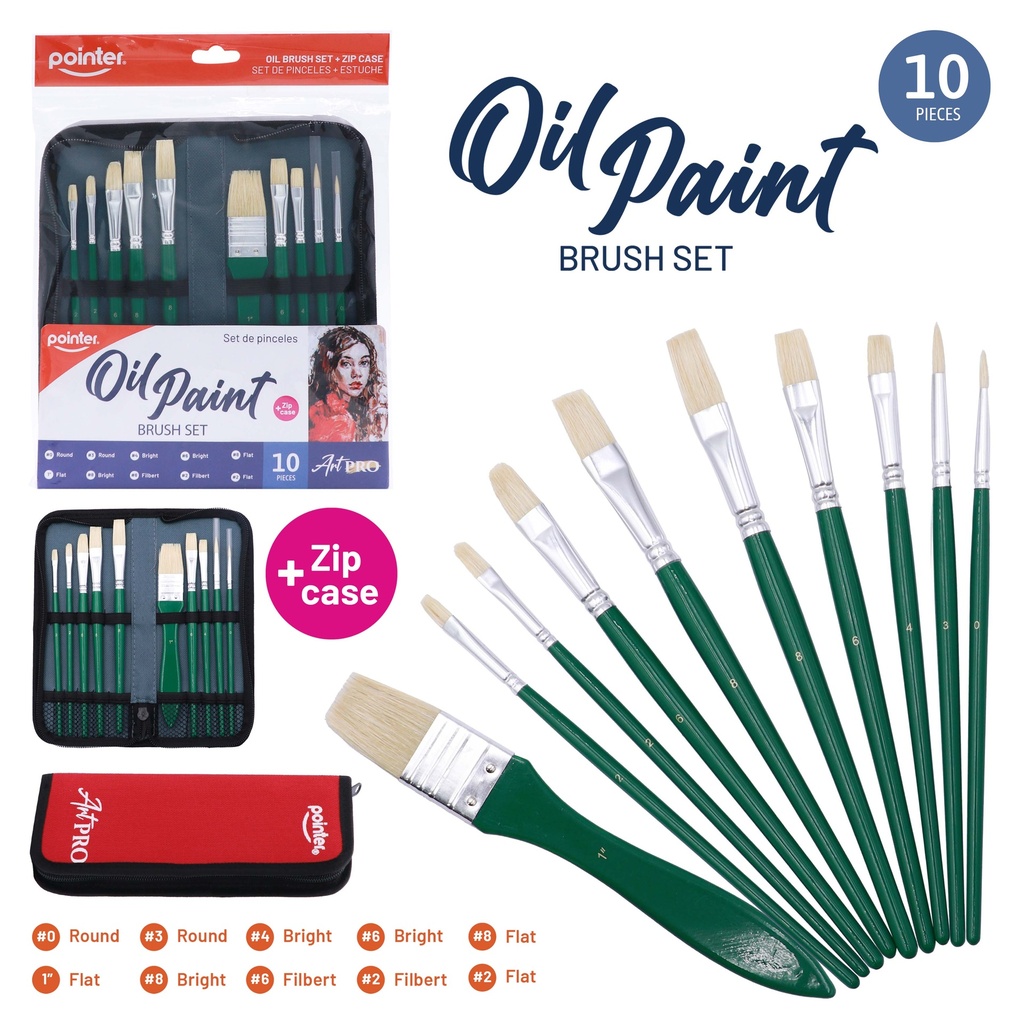 PAINTBRUSHES, NATURAL BRISTLE, OIL , WITH ZIP CASE , SET OF 10 PIECES