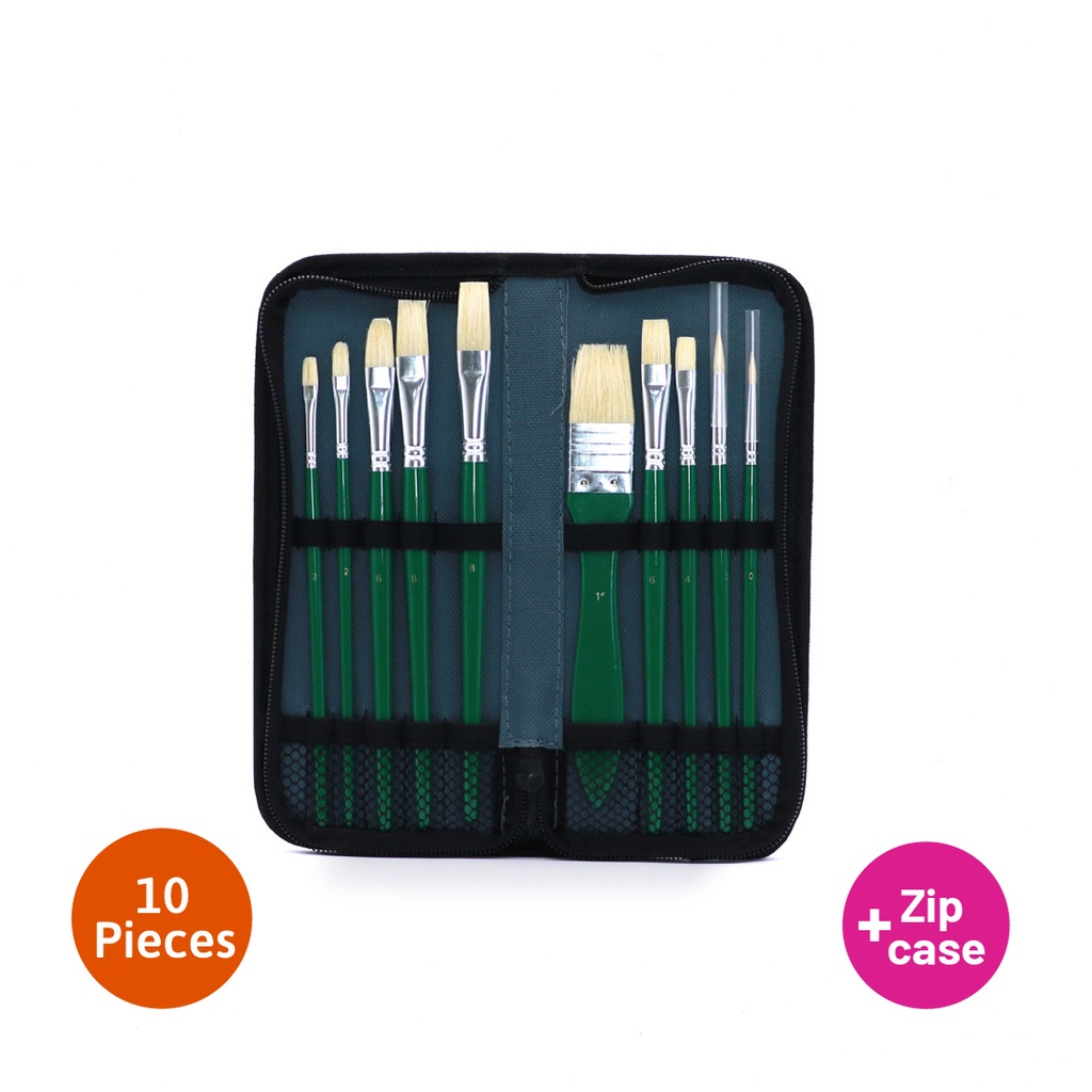 PAINTBRUSHES, NATURAL BRISTLE, OIL , WITH ZIP CASE , SET OF 10 PIECES