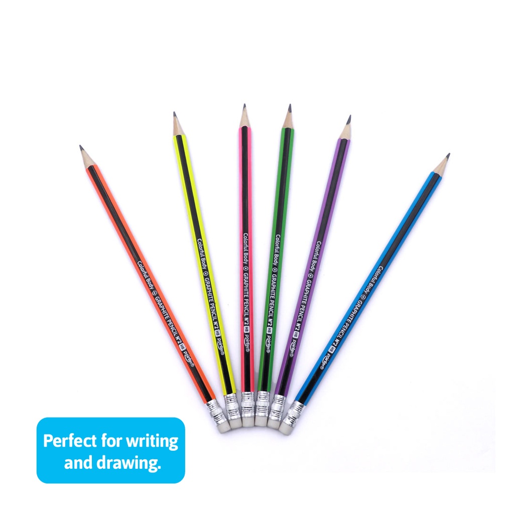 GRAPHITE PENCILS, COLORFUL STRIPS, HEXAGONAL BODY, HB #2, Box of 12 SETS