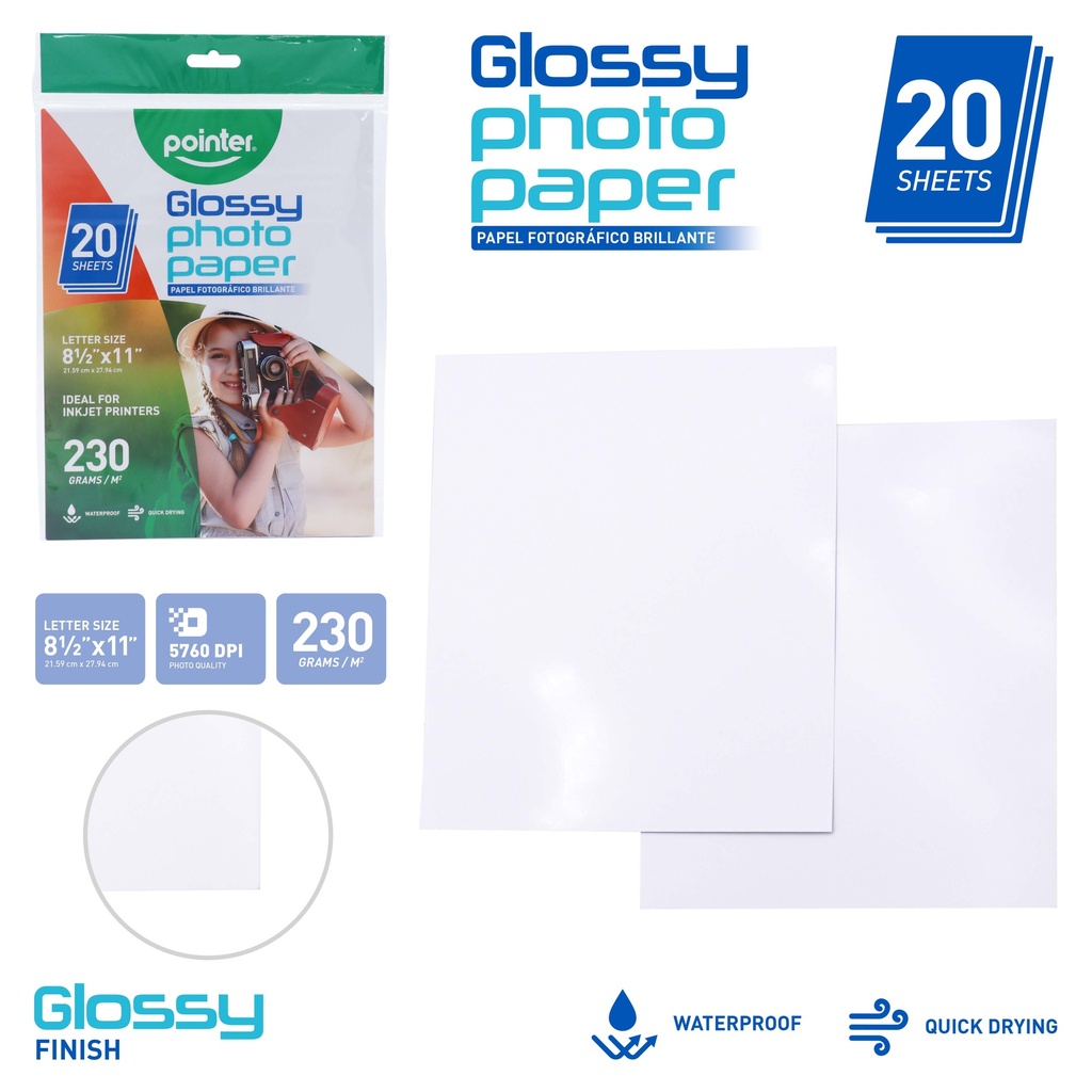 GLOSSY PHOTO PAPER  8X11.5", 230GSM FOR INKJET PRINTERS, SET OF 20 SHEETS