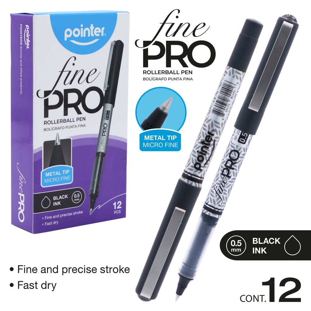 PENS, FINE PRO, ROLLERBALL, BLACK COLOR, 0.5 MM, BOX OF 12 PIECES