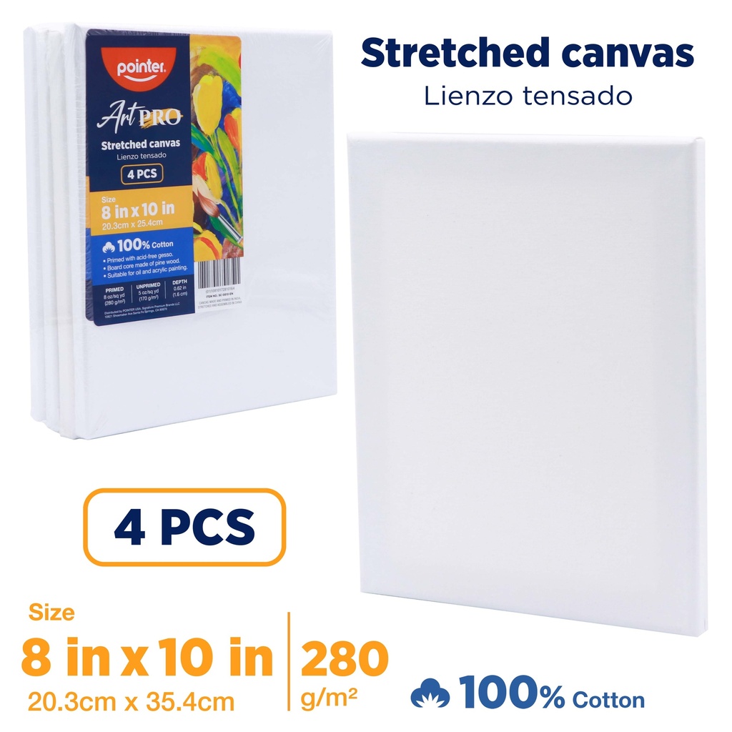 CANVAS, STRETCHED, 8X10" , 100% COTTON, 280 G/M² , PACK OF 4 PIECES