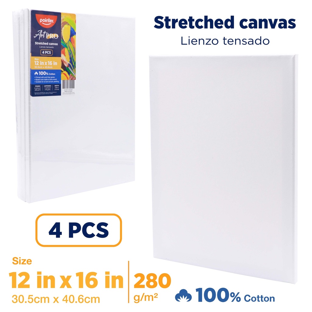CANVAS, STRETCHED, 12X16", 100% COTTON, 280 G/M² , PACK OF 4 PIECES
