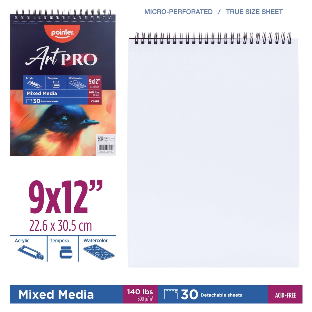 MIXED MEDIA PAD, 9X 12", TOP SPIRAL BOUND,  30 DETACHABLE SHEETS, 300 G/M² 1 PIECE