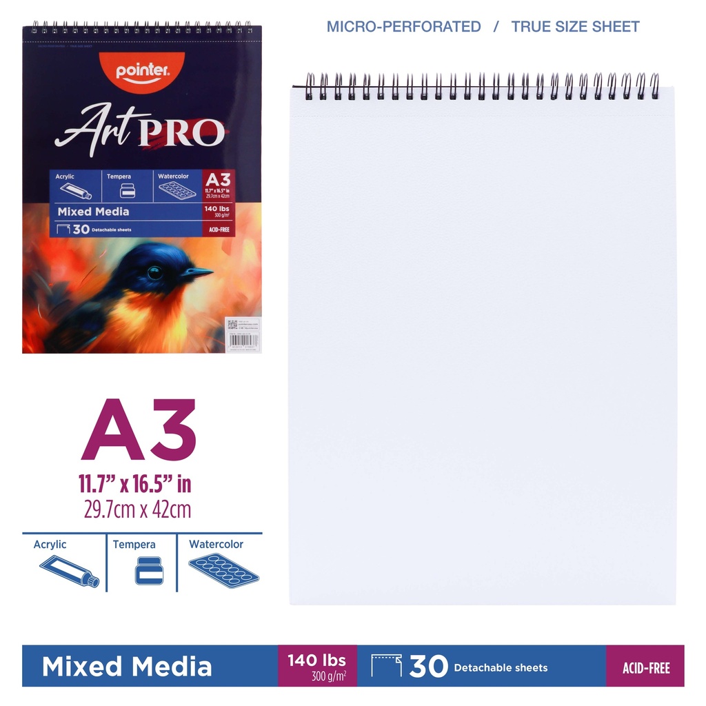 MIXED MEDIA, PAD , 11.7X 16.5", A3,  TOP SPIRAL BOUND, 30 DETACHABLE SHEETS, 300 G/M²,1 PIECE