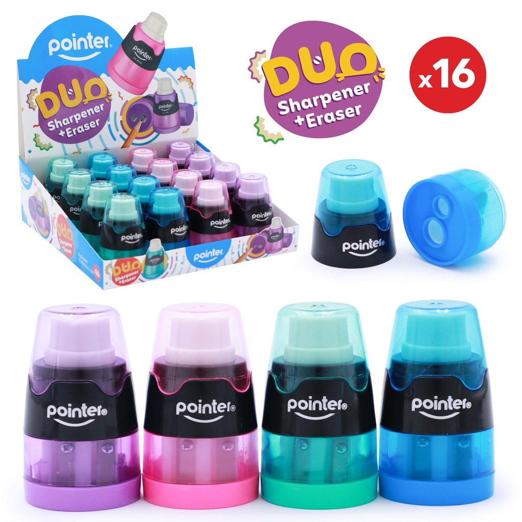 PENCIL SHARPENERS, DUO TWO-HOLE, ROUND , WITH ERASER AND DISPOSAL CONTAINER, BOX OF 16 PIECES