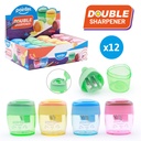 PENCIL SHARPENERS, TWO-HOLE, TRIANGULAR, WITH DISPOSAL CONTAINER, BOX OF 12 PIECES